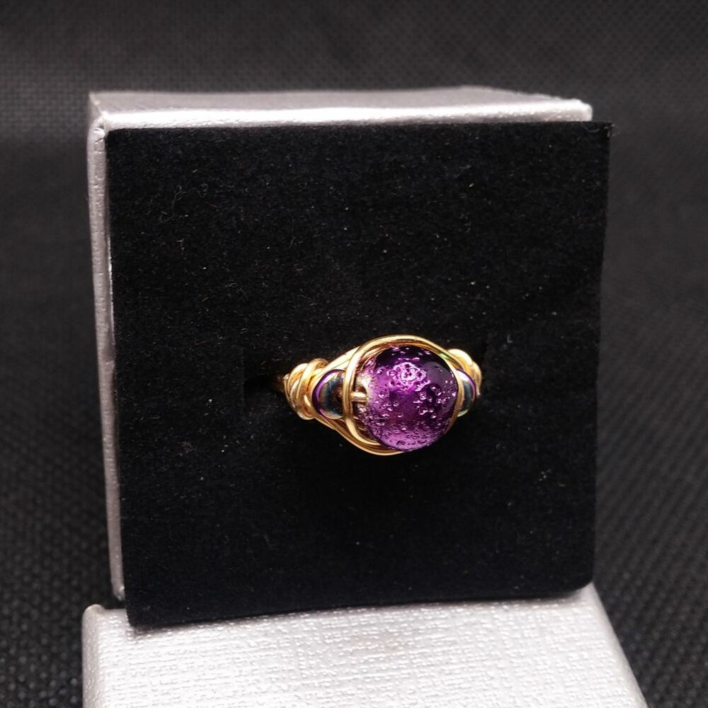 Lava Stone Diffuser Ring Artisan Made Rainbow Hematite Accent Gold Tone Wire NEW